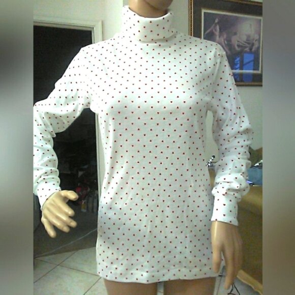 VINTAGE 70S NWOT Obermeyer White Long Sleeve Dress W/ Red ♥️♥️ COWL NECK SZ. LG - Picture 1 of 7